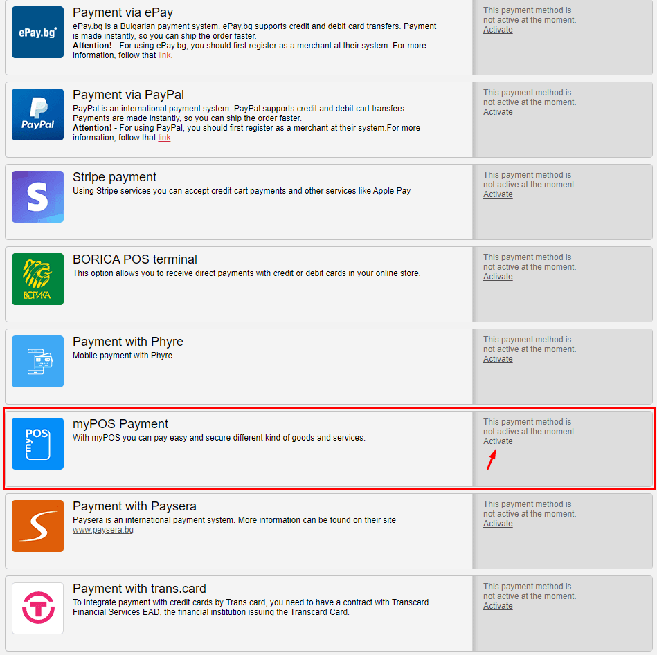 Activate myPOS Payment