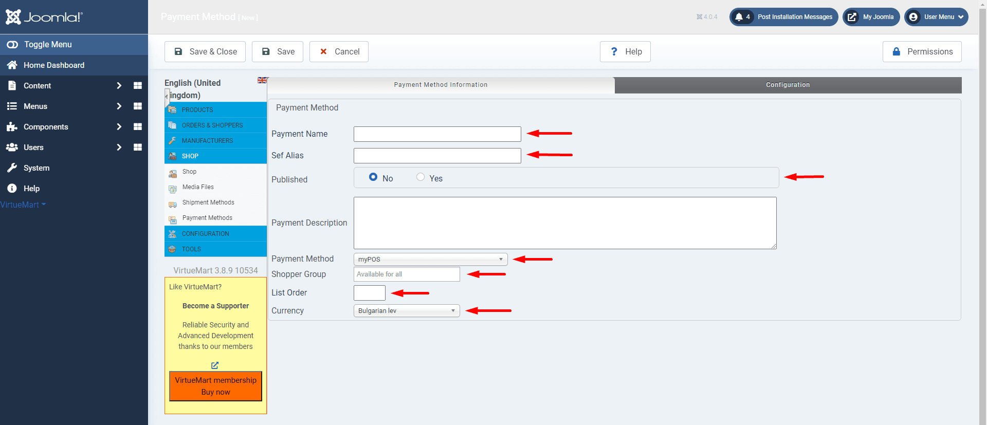 VirtueMart Payment Settings