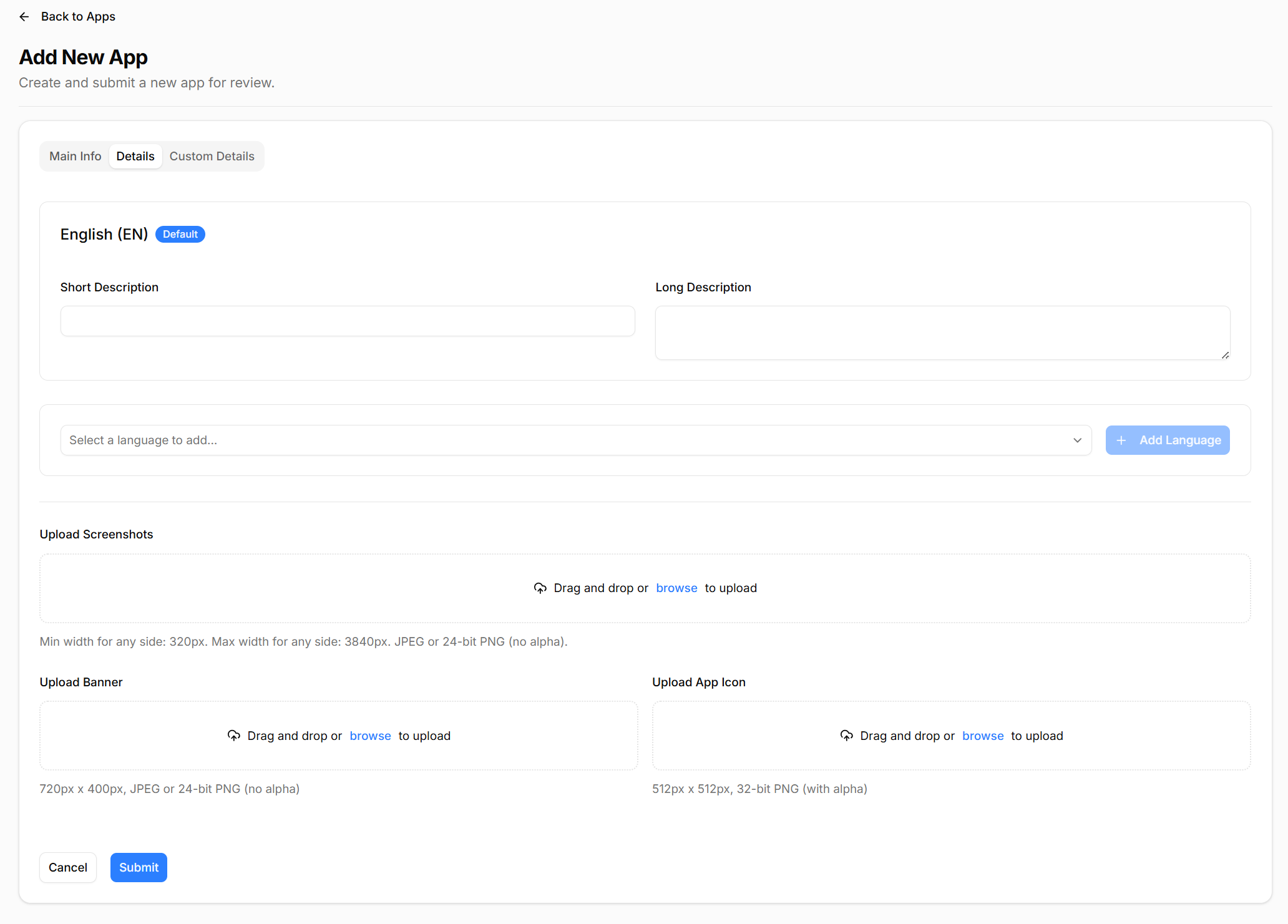 AppMarket add new app details tab