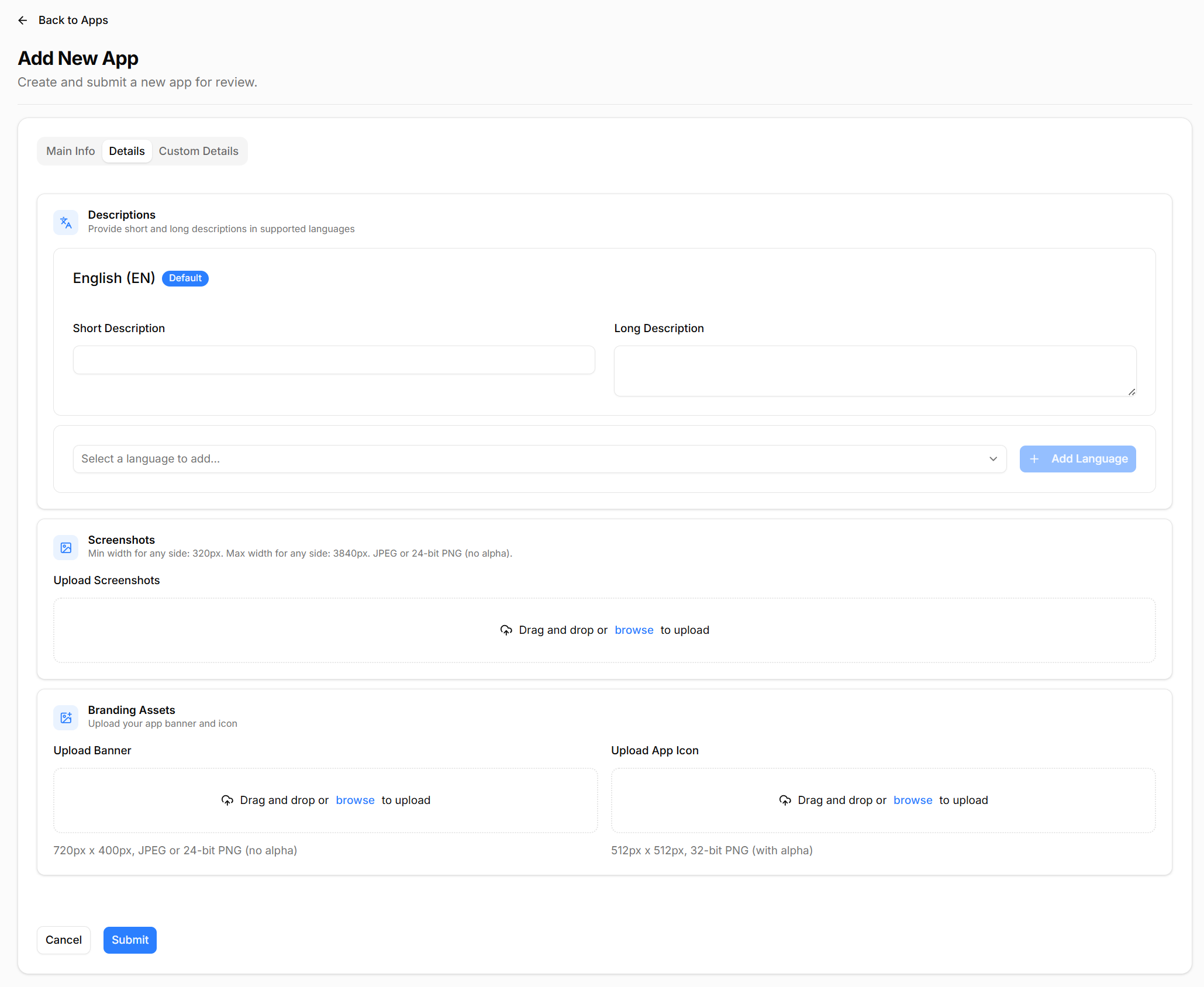 AppMarket add new app details tab
