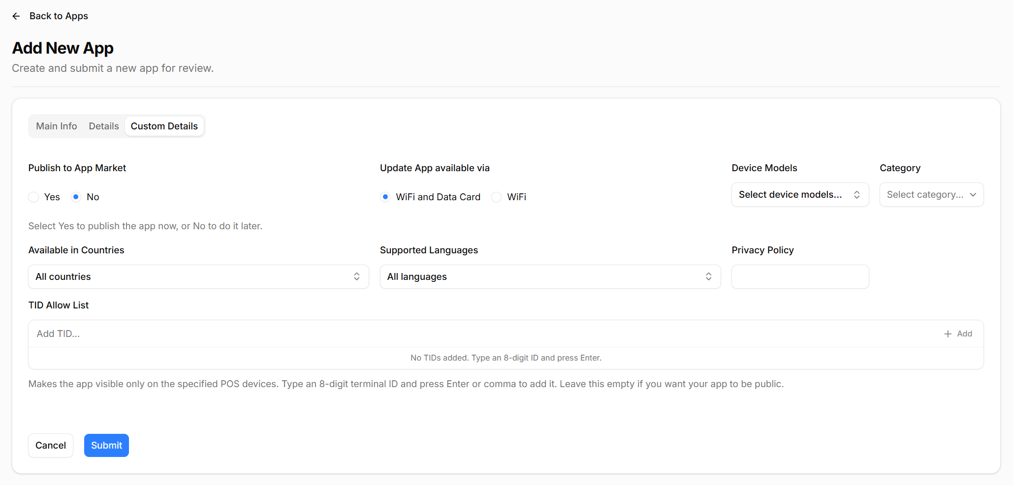 AppMarket add new app custom details tab
