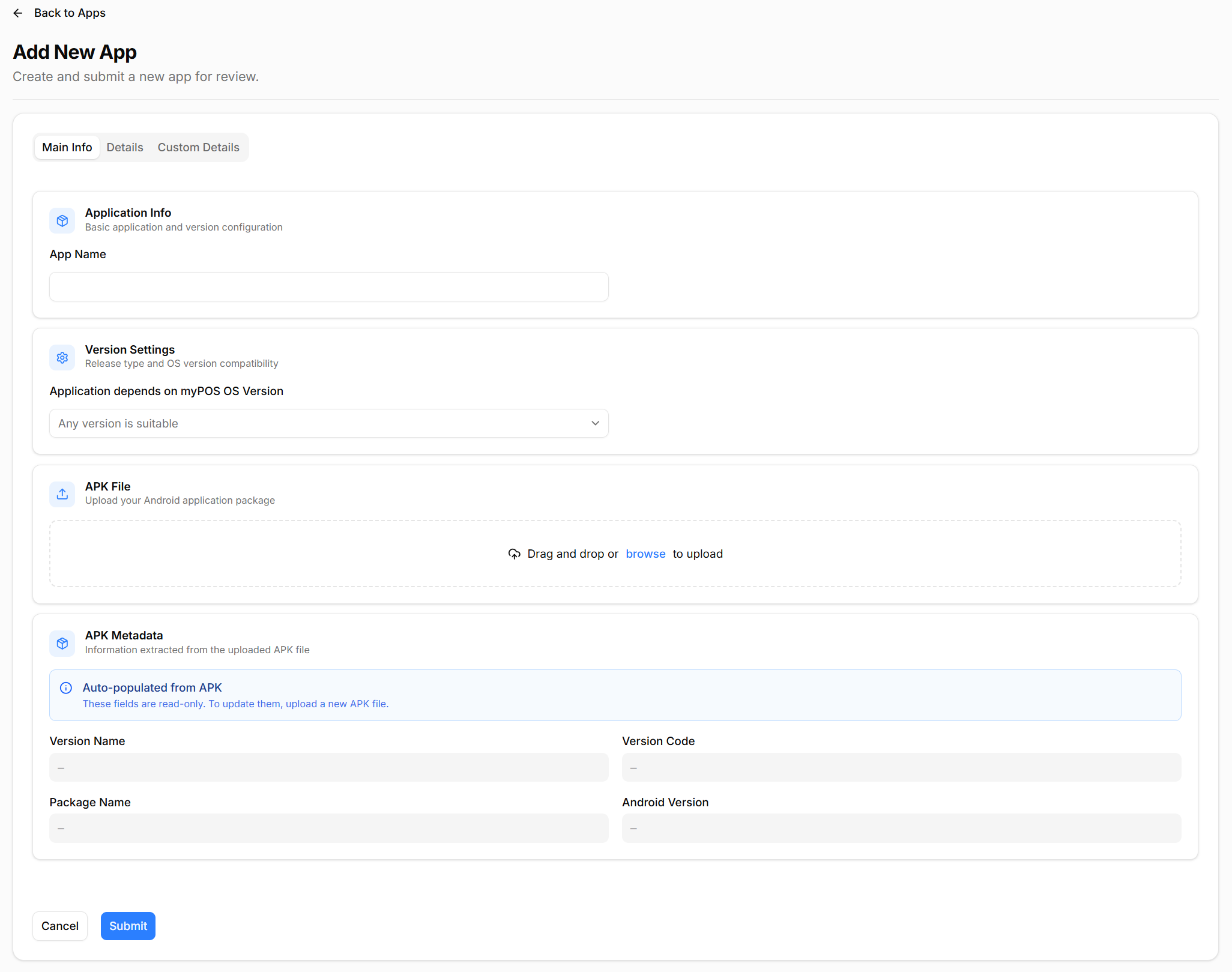 AppMarket add new app main info tab