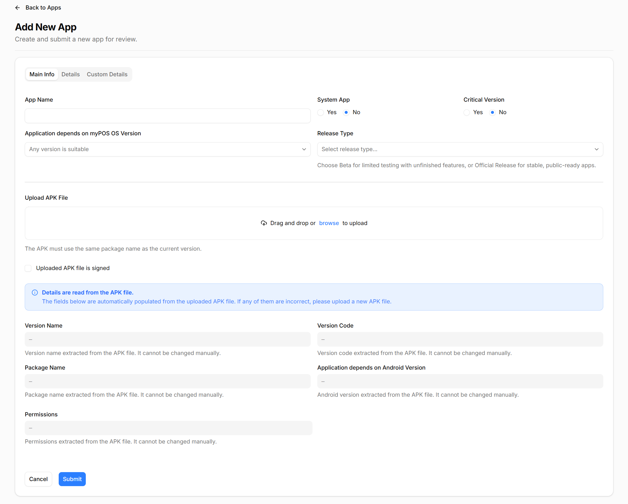 AppMarket add new app main info tab
