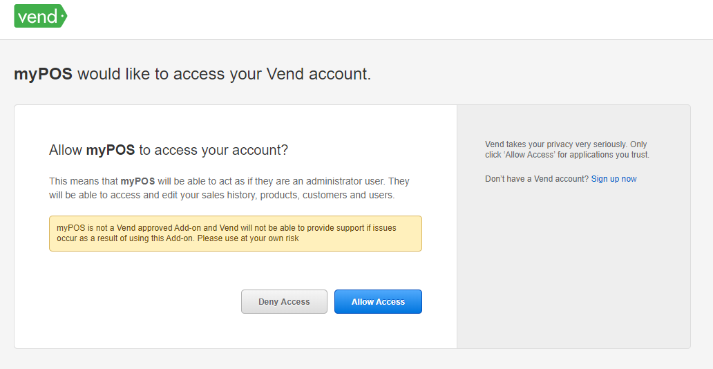 Allow access Vend account